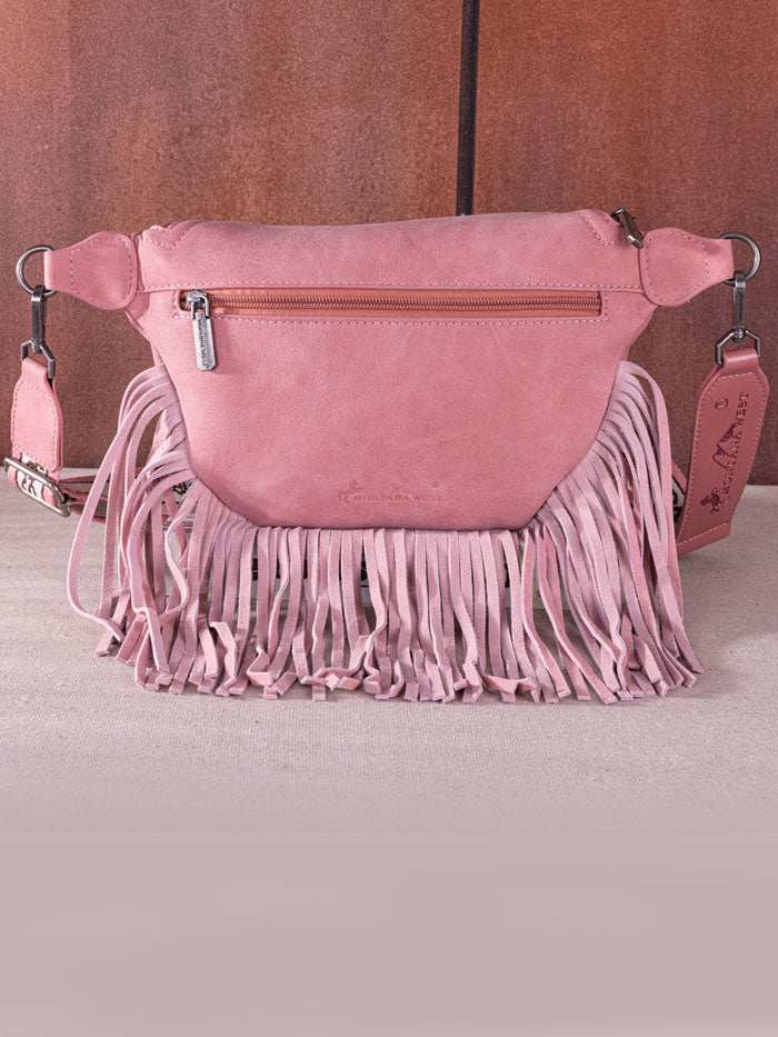 Montana West MW1276-194PK Womens Floral Tooled Fringe Fanny Pack Pink front view. If you need any assistance with this item or the purchase of this item please call us at five six one seven four eight eight eight zero one Monday through Saturday 10:00a.m EST to 8:00 p.m EST