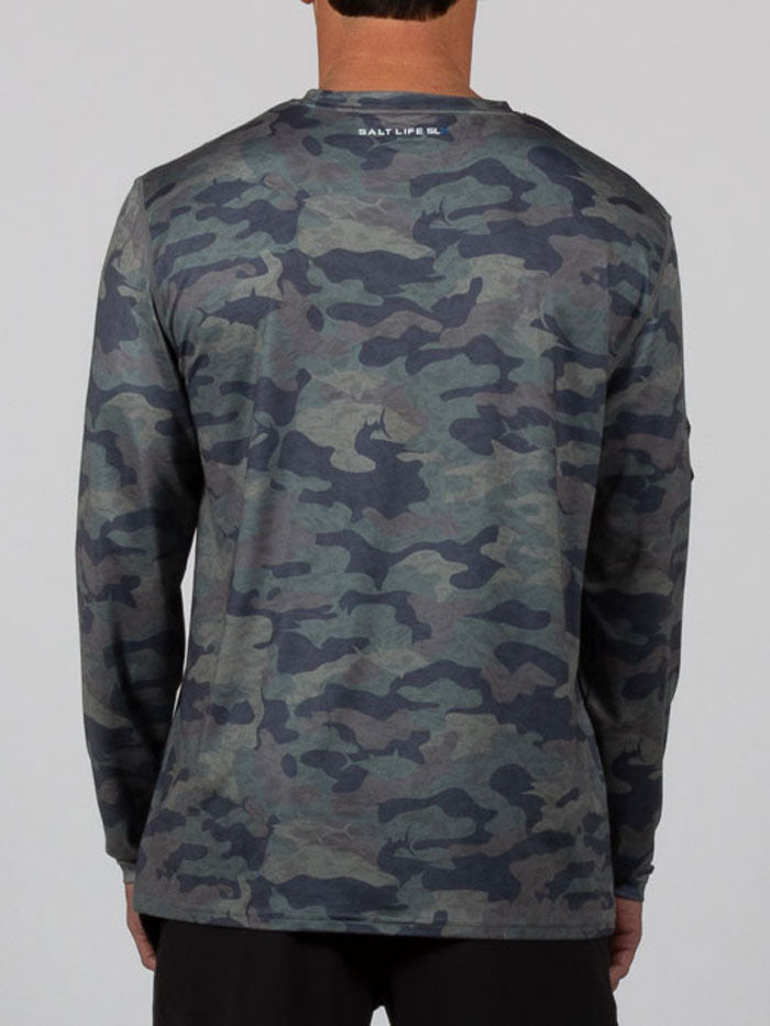 Salt Life SLM6164 Mens Rogue Long Sleeve Performance Pocket Tee Army Camo front / side view. If you need any assistance with this item or the purchase of this item please call us at five six one seven four eight eight eight zero one Monday through Saturday 10:00a.m EST to 8:00 p.m EST