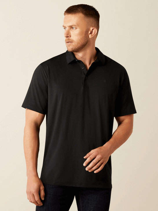 Ariat 10054897 Mens 360 Airflow Polo Black front view. If you need any assistance with this item or the purchase of this item please call us at five six one seven four eight eight eight zero one Monday through Saturday 10:00a.m EST to 8:00 p.m EST