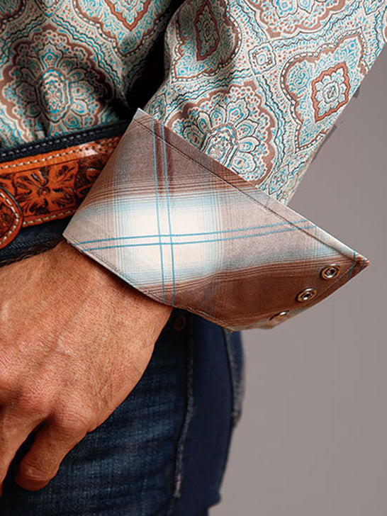 Stetson 11-001-0425-0373 Mens Paisley Western Shirt Green  cuff close up. If you need any assistance with this item or the purchase of this item please call us at five six one seven four eight eight eight zero one Monday through Saturday 10:00a.m EST to 8:00 p.m EST
