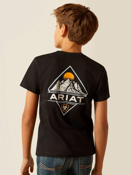 Ariat 10051431 Kids DMND Mountain T-Shirt Black back view. If you need any assistance with this item or the purchase of this item please call us at five six one seven four eight eight eight zero one Monday through Saturday 10:00a.m EST to 8:00 p.m EST