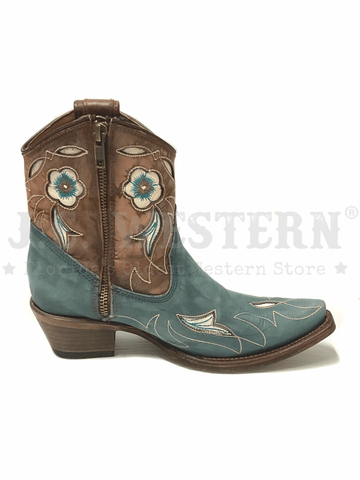 Circle G L5940 Ladies Inlay And Floral Embroidery Ankle Boot Shedron And Light Blue front and side view. If you need any assistance with this item or the purchase of this item please call us at five six one seven four eight eight eight zero one Monday through Saturday 10:00a.m EST to 8:00 p.m EST