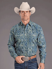 Stetson 11-001-0425-2060 Mens Paisley Print Western Shirt Blue front view. If you need any assistance with this item or the purchase of this item please call us at five six one seven four eight eight eight zero one Monday through Saturday 10:00a.m EST to 8:00 p.m EST

