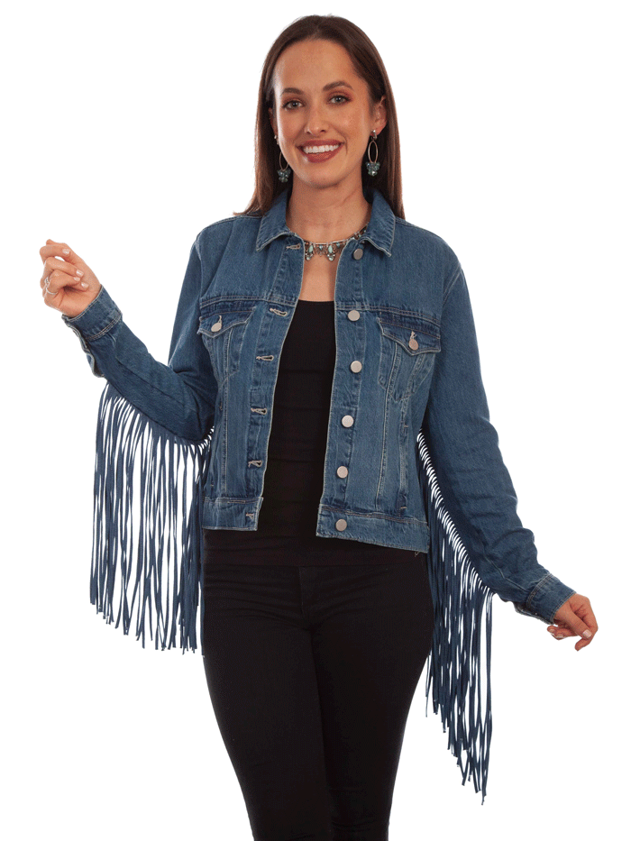 Scully HC711-DEN Womens Fringe Denim Western Jacket Blue front view. If you need any assistance with this item or the purchase of this item please call us at five six one seven four eight eight eight zero one Monday through Saturday 10:00a.m EST to 8:00 p.m EST