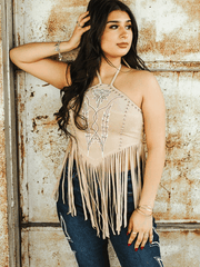 Lucky & Blessed TO844-SND Womens Suede Halter Fringed Top Sand alternate front view. If you need any assistance with this item or the purchase of this item please call us at five six one seven four eight eight eight zero one Monday through Saturday 10:00a.m EST to 8:00 p.m EST