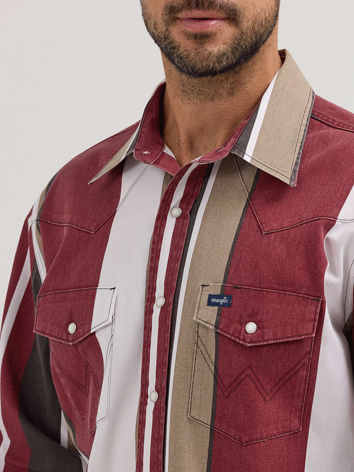 Wrangler 112358326 Mens Vintage Inspired Brushpopper Stripe Shirt Burgundy front. If you need any assistance with this item or the purchase of this item please call us at five six one seven four eight eight eight zero one Monday through Saturday 10:00a.m EST to 8:00 p.m EST

