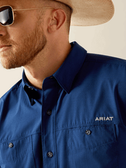 Ariat 10058829 Mens 360 Airflow Classic Fit Shirt Estate Blue front close up. If you need any assistance with this item or the purchase of this item please call us at five six one seven four eight eight eight zero one Monday through Saturday 10:00a.m EST to 8:00 p.m EST

