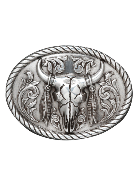 Nocona 37030 Steer Skull Scroll Feather Oval Buckle Silver front. If you need any assistance with this item or the purchase of this item please call us at five six one seven four eight eight eight zero one Monday through Saturday 10:00a.m EST to 8:00 p.m EST

