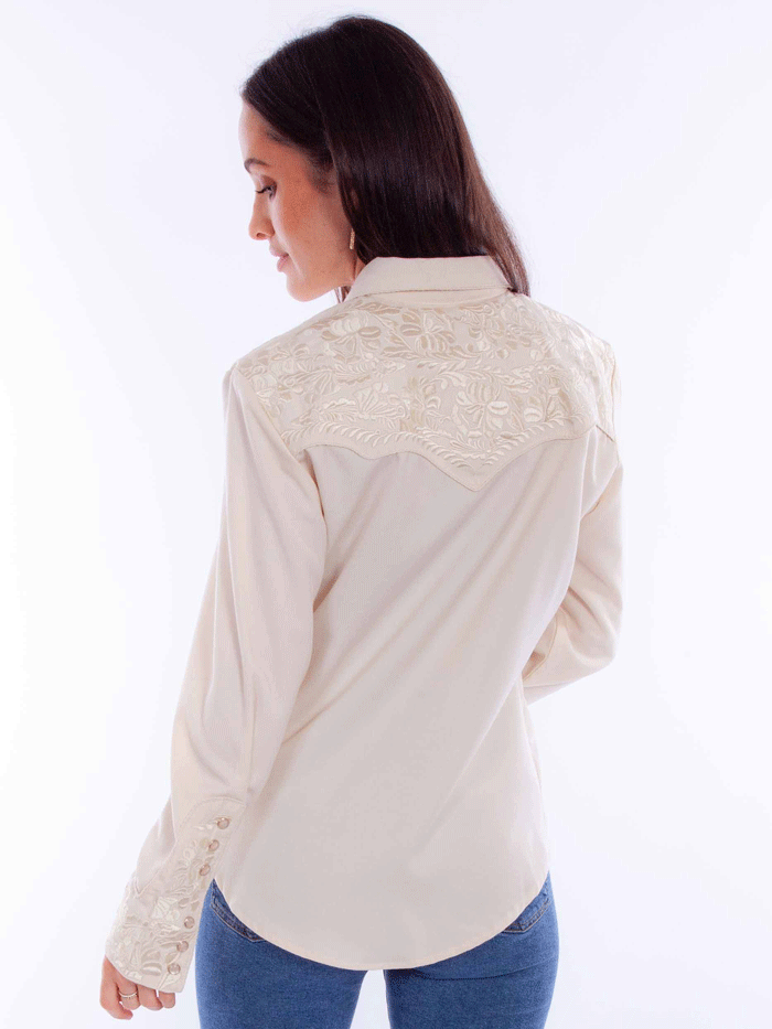 Scully PL-654-IVO Womens Floral Tooled Embroidery Western Shirt Ivory front view. If you need any assistance with this item or the purchase of this item please call us at five six one seven four eight eight eight zero one Monday through Saturday 10:00a.m EST to 8:00 p.m EST