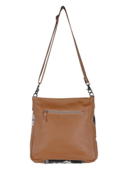 Myra Bag S-5189 Womens Genetic Hand-Tooled Hairon Bag Tan hanging. If you need any assistance with this item or the purchase of this item please call us at five six one seven four eight eight eight zero one Monday through Saturday 10:00a.m EST to 8:00 p.m EST