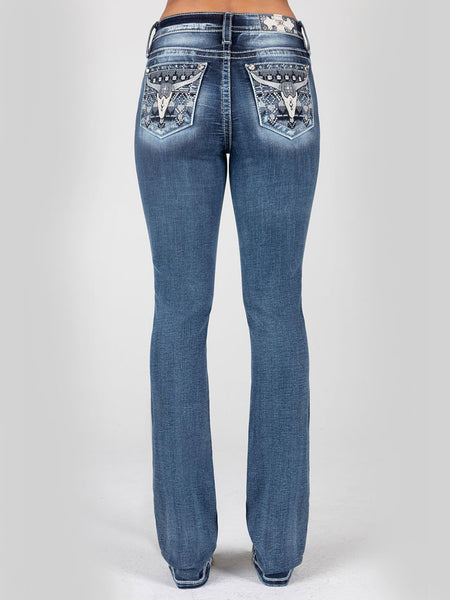 Miss Me M9236SB Womens Mid Rise Bootcut Jeans Medium Blue back view. If you need any assistance with this item or the purchase of this item please call us at five six one seven four eight eight eight zero one Monday through Saturday 10:00a.m EST to 8:00 p.m EST