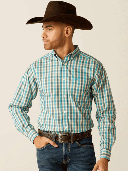 Ariat 10052380 Mens Wrinkle Free Gordie Fitted Shirt Teal front view. If you need any assistance with this item or the purchase of this item please call us at five six one seven four eight eight eight zero one Monday through Saturday 10:00a.m EST to 8:00 p.m EST