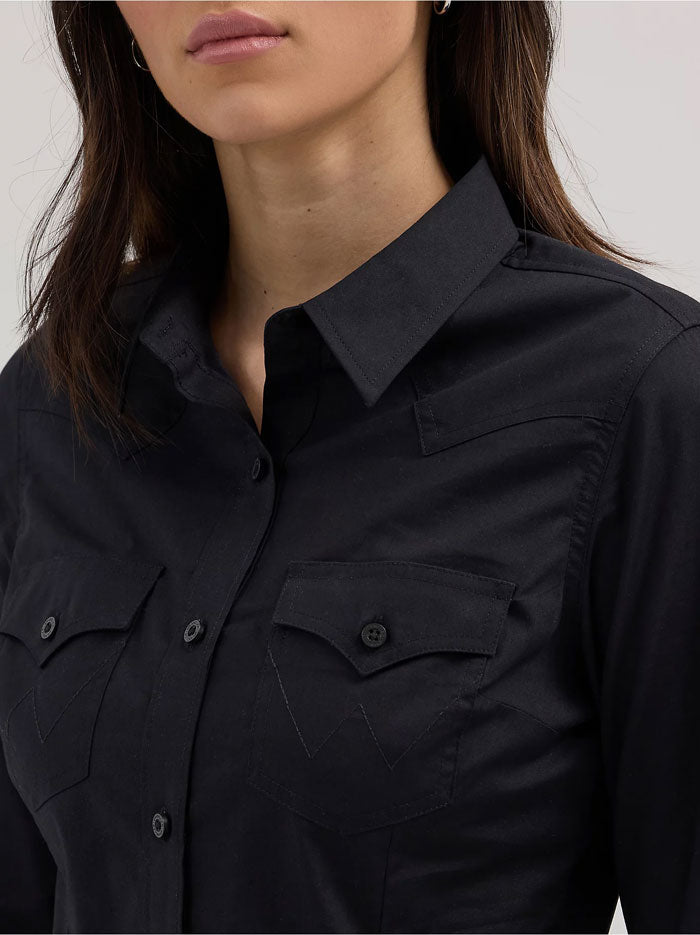 Wrangler 112358012 Womens Western Button Down Shirt Black front view. If you need any assistance with this item or the purchase of this item please call us at five six one seven four eight eight eight zero one Monday through Saturday 10:00a.m EST to 8:00 p.m EST