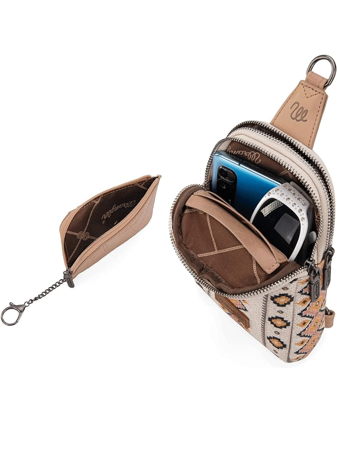 Wrangler WG2205-210WTN Womens Aztec Print Crossbody Sling Chest Bag With Zip Card Holder Set Tan front. If you need any assistance with this item or the purchase of this item please call us at five six one seven four eight eight eight zero one Monday through Saturday 10:00a.m EST to 8:00 p.m EST

