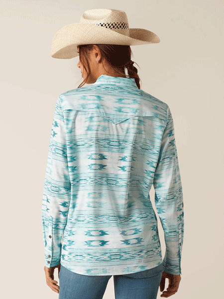 Ariat 10048776 Womens VentTEK Stretch Shirt Nora Print Green back view. If you need any assistance with this item or the purchase of this item please call us at five six one seven four eight eight eight zero one Monday through Saturday 10:00a.m EST to 8:00 p.m EST