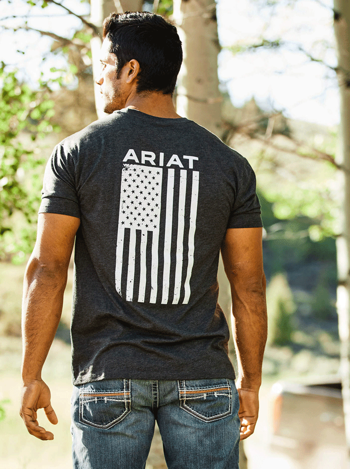 Ariat 10025209 Mens Freedom T-Shirt Charcoal Heather back view. If you need any assistance with this item or the purchase of this item please call us at five six one seven four eight eight eight zero one Monday through Saturday 10:00a.m EST to 8:00 p.m EST