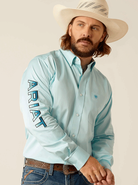 Ariat 10048717 Mens Team Logo Twill Fitted Shirt Light Aqua front view. If you need any assistance with this item or the purchase of this item please call us at five six one seven four eight eight eight zero one Monday through Saturday 10:00a.m EST to 8:00 p.m EST