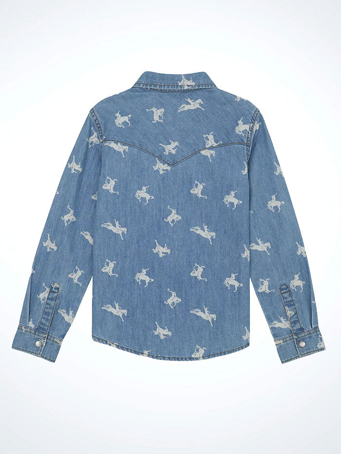 Wrangler 112359421 Girls Printed Denim Western Snap Shirt Blue front view.  If you need any assistance with this item or the purchase of this item please call us at five six one seven four eight eight eight zero one Monday through Saturday 10:00a.m EST to 8:00 p.m EST