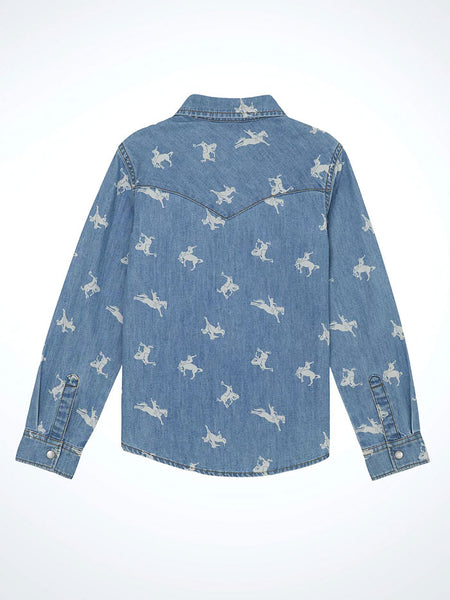 Wrangler 112359421 Girls Printed Denim Western Snap Shirt Blue back view. If you need any assistance with this item or the purchase of this item please call us at five six one seven four eight eight eight zero one Monday through Saturday 10:00a.m EST to 8:00 p.m EST