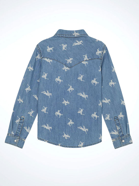 Wrangler 112359421 Girls Printed Denim Western Snap Shirt Blue back view. If you need any assistance with this item or the purchase of this item please call us at five six one seven four eight eight eight zero one Monday through Saturday 10:00a.m EST to 8:00 p.m EST