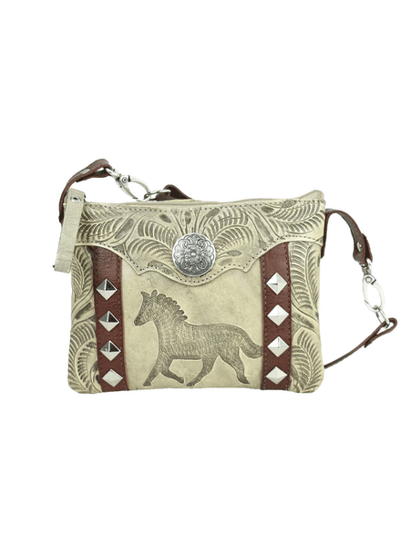 American West 9452884 Ladies Hitchin' Post Trail Rider Crossbody Hip Bag Beige front view. If you need any assistance with this item or the purchase of this item please call us at five six one seven four eight eight eight zero one Monday through Saturday 10:00a.m EST to 8:00 p.m EST
