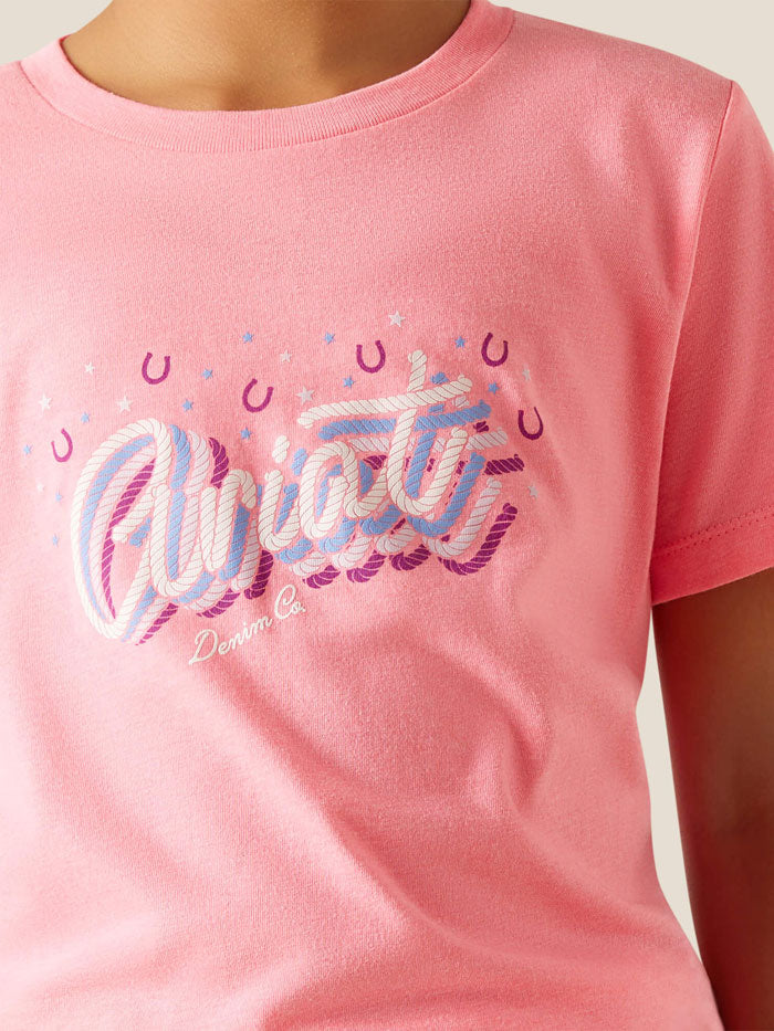 Ariat 10047907 Kids Rainbow Script T-Shirt Neon Pink Heather front view. If you need any assistance with this item or the purchase of this item please call us at five six one seven four eight eight eight zero one Monday through Saturday 10:00a.m EST to 8:00 p.m EST