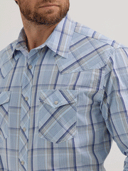 Wrangler 112356580 Mens 20X Competition Western Plaid Shirt Blue front close up. If you need any assistance with this item or the purchase of this item please call us at five six one seven four eight eight eight zero one Monday through Saturday 10:00a.m EST to 8:00 p.m EST

