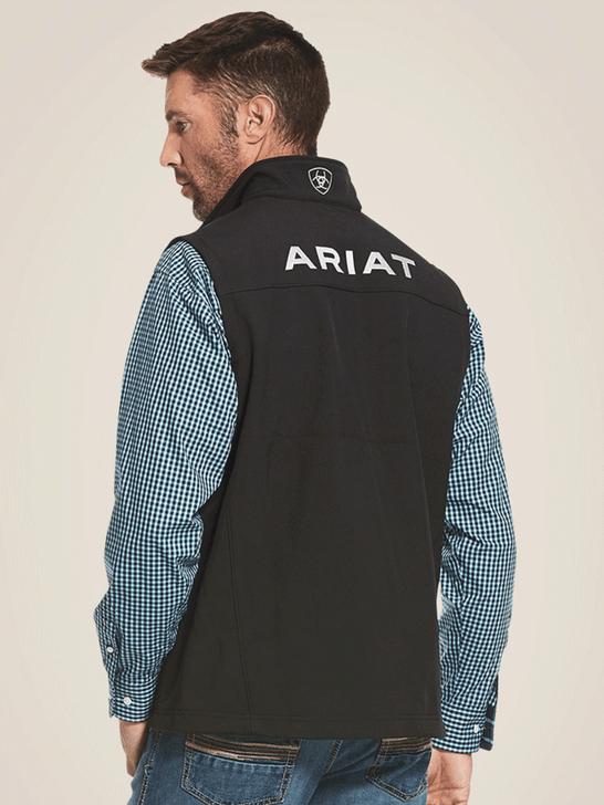 Ariat 10028321 Mens Logo 2.0 Softshell Vest Black back view. If you need any assistance with this item or the purchase of this item please call us at five six one seven four eight eight eight zero one Monday through Saturday 10:00a.m EST to 8:00 p.m EST