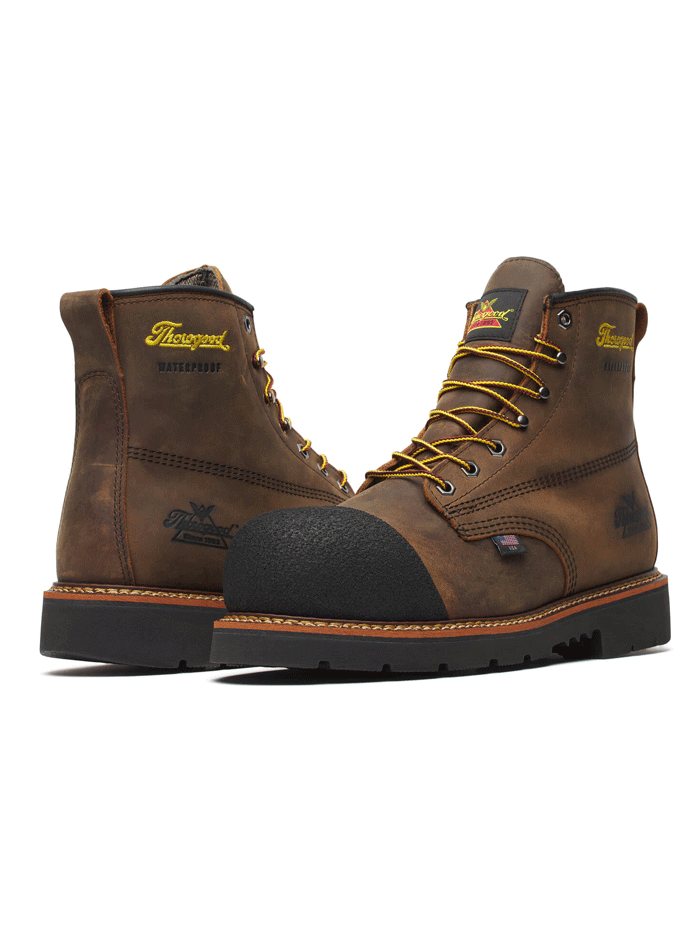 Thorogood 804-4137 Mens Hammerhead Waterproof Nano Toe Work Boot Crazy Horse Brown front and side view. If you need any assistance with this item or the purchase of this item please call us at five six one seven four eight eight eight zero one Monday through Saturday 10:00a.m EST to 8:00 p.m EST
