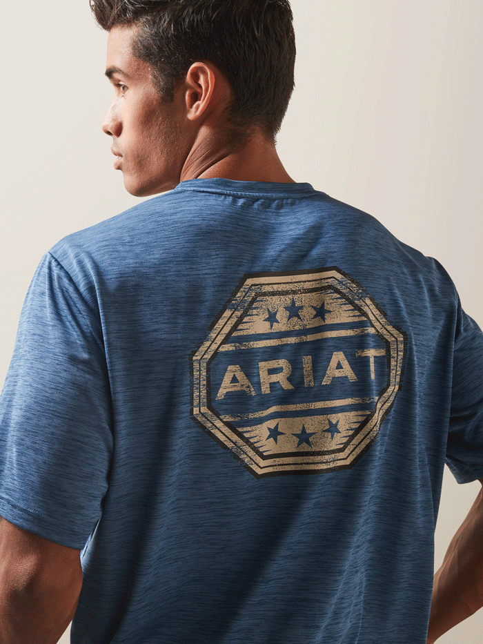 Ariat 10043769 Mens Charger Stamp T-Shirt Sky Fall Blue back view. If you need any assistance with this item or the purchase of this item please call us at five six one seven four eight eight eight zero one Monday through Saturday 10:00a.m EST to 8:00 p.m EST