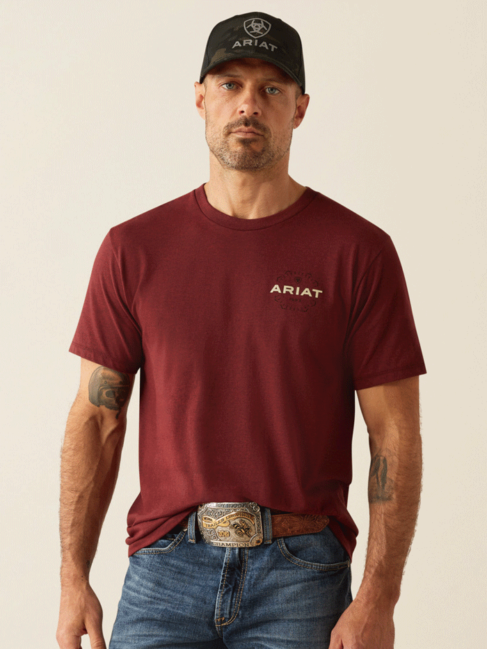 Ariat 10054830 Mens Explorer Classic T-Shirt Crimson Red Heather back view. If you need any assistance with this item or the purchase of this item please call us at five six one seven four eight eight eight zero one Monday through Saturday 10:00a.m EST to 8:00 p.m EST