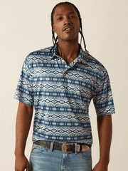 Ariat 10054909 Mens Charger 2.0 Printed Polo Blue Southwest front view. If you need any assistance with this item or the purchase of this item please call us at five six one seven four eight eight eight zero one Monday through Saturday 10:00a.m EST to 8:00 p.m EST