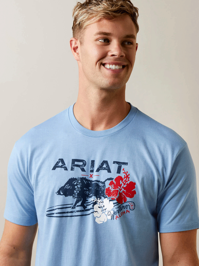 Ariat 10044013 Mens SurfBoarding Western Aloha T-Shirt Light Blue Heather front view. If you need any assistance with this item or the purchase of this item please call us at five six one seven four eight eight eight zero one Monday through Saturday 10:00a.m EST to 8:00 p.m EST