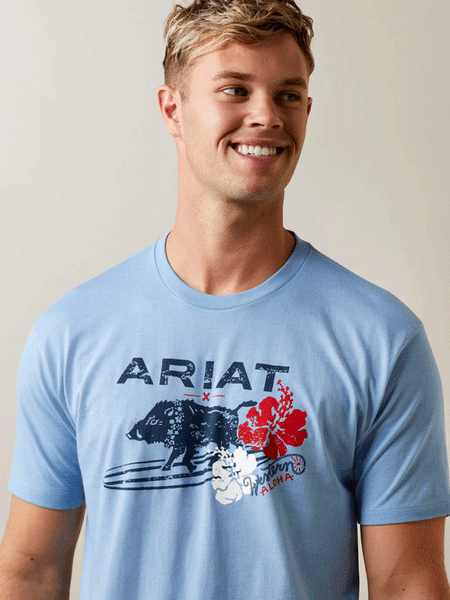 Ariat 10044013 Mens SurfBoarding Western Aloha T-Shirt Light Blue Heather front view close up of design. If you need any assistance with this item or the purchase of this item please call us at five six one seven four eight eight eight zero one Monday through Saturday 10:00a.m EST to 8:00 p.m EST