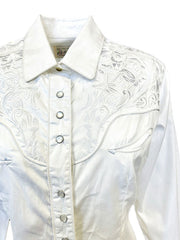 Rockmount 7859-WHT Women's Vintage Tooling Embroidered Western Shirt White front close up. If you need any assistance with this item or the purchase of this item please call us at five six one seven four eight eight eight zero one Monday through Saturday 10:00a.m EST to 8:00 p.m EST