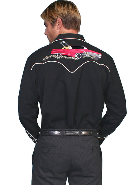 Scully P-665-BLK Mens Rock'N Roll Guitars Embroidered Western Shirt Black back view. If you need any assistance with this item or the purchase of this item please call us at five six one seven four eight eight eight zero one Monday through Saturday 10:00a.m EST to 8:00 p.m EST