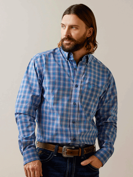 Ariat 10043801 Mens Pro Series Lonnie Fitted Shirt Venus Blue front view. If you need any assistance with this item or the purchase of this item please call us at five six one seven four eight eight eight zero one Monday through Saturday 10:00a.m EST to 8:00 p.m EST