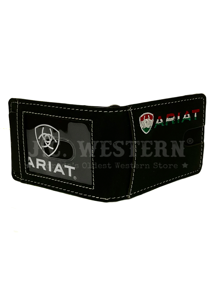 Ariat A3555401 Mens Money Clip Wallet Mexico Flag Black front view closed. If you need any assistance with this item or the purchase of this item please call us at five six one seven four eight eight eight zero one Monday through Saturday 10:00a.m EST to 8:00 p.m EST