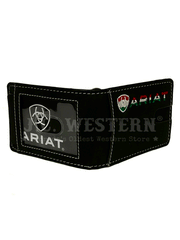 Ariat A3555401 Mens Money Clip Wallet Mexico Flag Black front and back view open. If you need any assistance with this item or the purchase of this item please call us at five six one seven four eight eight eight zero one Monday through Saturday 10:00a.m EST to 8:00 p.m EST