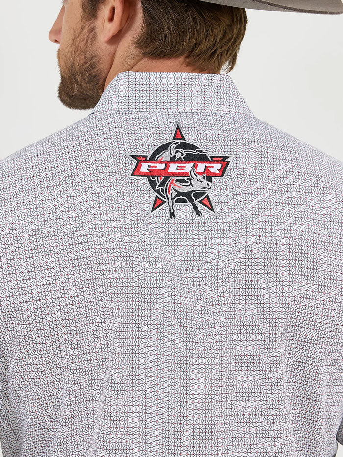 Wrangler 112359482 Mens PBR Long Sleeve Logo Shirt Cloudy Diamonds Grey front view. If you need any assistance with this item or the purchase of this item please call us at five six one seven four eight eight eight zero one Monday through Saturday 10:00a.m EST to 8:00 p.m EST