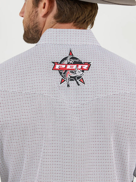 Wrangler 112359482 Mens PBR Long Sleeve Logo Shirt Cloudy Diamonds Grey back close up. If you need any assistance with this item or the purchase of this item please call us at five six one seven four eight eight eight zero one Monday through Saturday 10:00a.m EST to 8:00 p.m EST