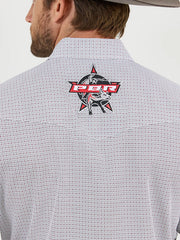 Wrangler 112359482 Mens PBR Long Sleeve Logo Shirt Cloudy Diamonds Grey back close up. If you need any assistance with this item or the purchase of this item please call us at five six one seven four eight eight eight zero one Monday through Saturday 10:00a.m EST to 8:00 p.m EST