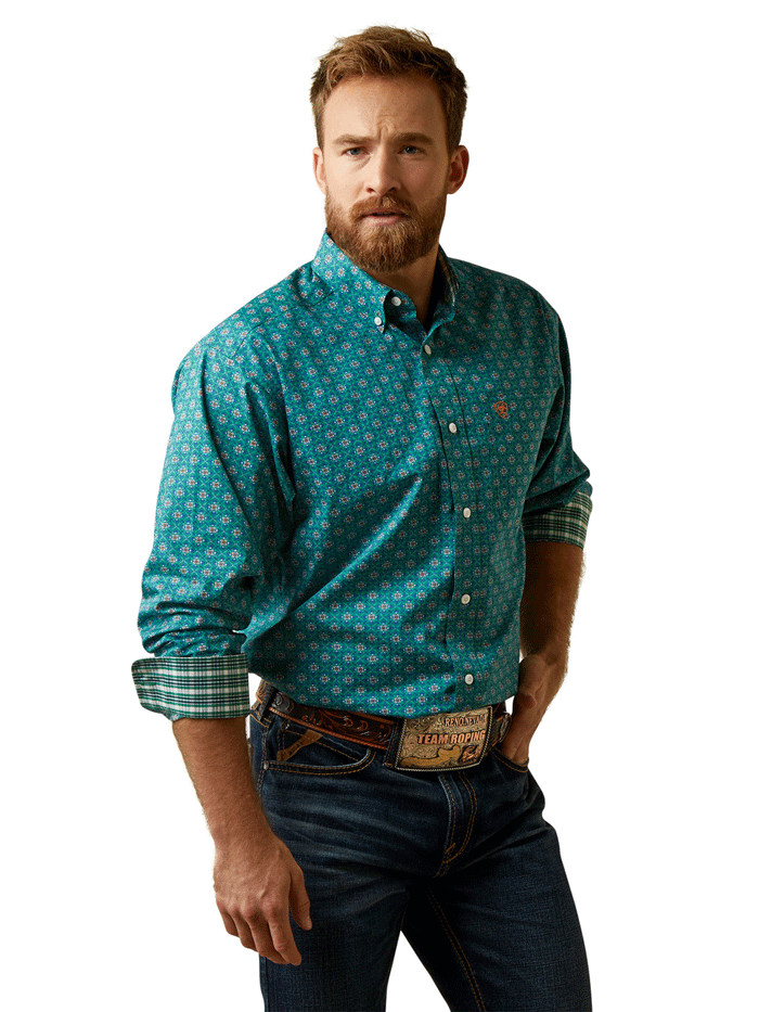 Ariat 10045071 Mens Wrinkle Free Fuller Classic Fit Long Sleeve Shirt Green front view. If you need any assistance with this item or the purchase of this item please call us at five six one seven four eight eight eight zero one Monday through Saturday 10:00a.m EST to 8:00 p.m EST