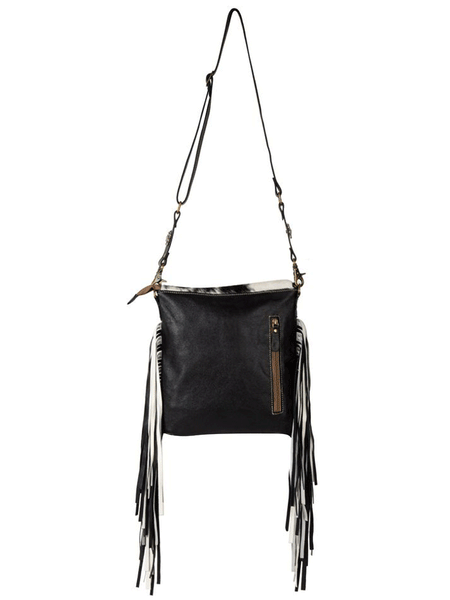 Myra Bag S-7949 Womens Stratford Trail Fringed Concealed-Carry Bag Black And White back view hanging. If you need any assistance with this item or the purchase of this item please call us at five six one seven four eight eight eight zero one Monday through Saturday 10:00a.m EST to 8:00 p.m EST