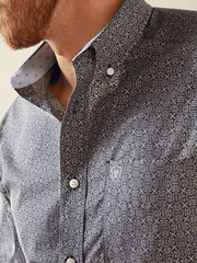 Ariat 10058950 Mens Wrinkle Free Douglas Classic Fit Shirt Dark Blue front close up view. If you need any assistance with this item or the purchase of this item please call us at five six one seven four eight eight eight zero one Monday through Saturday 10:00a.m EST to 8:00 p.m EST