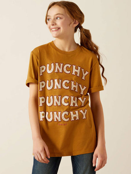 Ariat 10054025 Kids Punchy Rally Call T-Shirt Harvest Gold front view. If you need any assistance with this item or the purchase of this item please call us at five six one seven four eight eight eight zero one Monday through Saturday 10:00a.m EST to 8:00 p.m EST