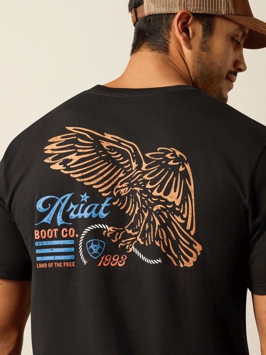 Ariat 10052017 Mens Eagle Freedom T-Shirt Black back graphic close up view. If you need any assistance with this item or the purchase of this item please call us at five six one seven four eight eight eight zero one Monday through Saturday 10:00a.m EST to 8:00 p.m EST