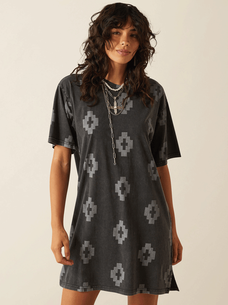 Ariat 10060380 Womens Isela Southwest Print Tee Dress Charcoal front view. If you need any assistance with this item or the purchase of this item please call us at five six one seven four eight eight eight zero one Monday through Saturday 10:00a.m EST to 8:00 p.m EST