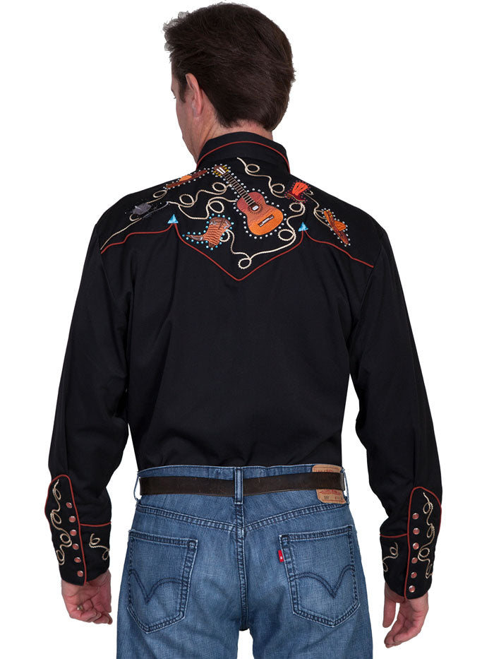Scully P-842-BLK Mens Boots Hats & Guitars Embroidered Western Shirt Black front view. If you need any assistance with this item or the purchase of this item please call us at five six one seven four eight eight eight zero one Monday through Saturday 10:00a.m EST to 8:00 p.m EST