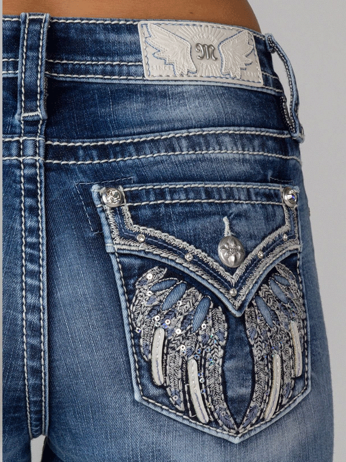 Miss Me M5082B144 Womens Wing Mid Rise Bootcut Jeans Medium Blue full back view. If you need any assistance with this item or the purchase of this item please call us at five six one seven four eight eight eight zero one Monday through Saturday 10:00a.m EST to 8:00 p.m EST